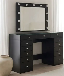 Coiffeuse moderne 13 tiroirs avec miroir lumineux et plateau en verre L120cm Probeauty Noir