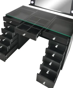 Coiffeuse moderne 13 tiroirs avec miroir lumineux et plateau en verre L120cm Probeauty Noir