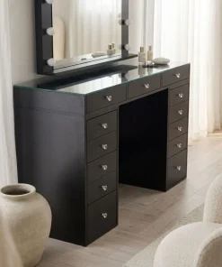 Coiffeuse moderne 13 tiroirs avec miroir lumineux et plateau en verre L120cm Probeauty Noir