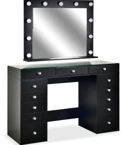 Coiffeuse moderne 13 tiroirs avec miroir lumineux et plateau en verre L120cm Probeauty Noir