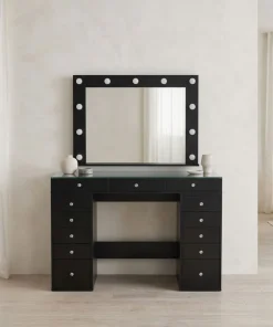 Coiffeuse moderne 13 tiroirs avec miroir lumineux et plateau en verre L120cm Probeauty Noir