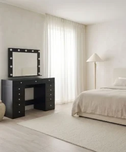 Coiffeuse moderne 13 tiroirs avec miroir lumineux et plateau en verre L120cm Probeauty Noir