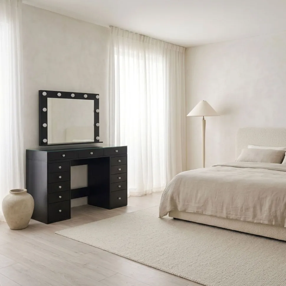 Coiffeuse moderne 13 tiroirs avec miroir lumineux et plateau en verre L120cm Probeauty Noir