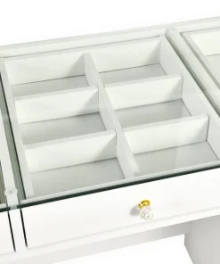 Coiffeuse moderne 13 tiroirs avec miroir lumineux et plateau en verre L120cm Probeauty Blanc