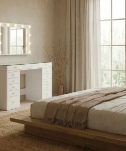 Coiffeuse moderne 13 tiroirs avec miroir lumineux et plateau en verre L120cm Probeauty Blanc