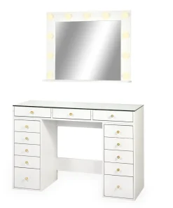 Coiffeuse moderne 13 tiroirs avec miroir lumineux et plateau en verre L120cm Probeauty Blanc
