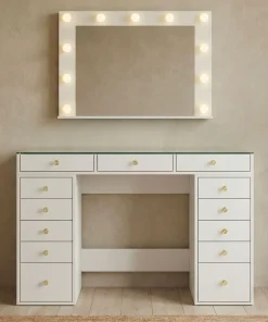 Coiffeuse moderne 13 tiroirs avec miroir lumineux et plateau en verre L120cm Probeauty Blanc