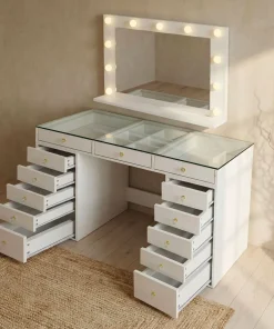 Coiffeuse moderne 13 tiroirs avec miroir lumineux et plateau en verre L120cm Probeauty Blanc