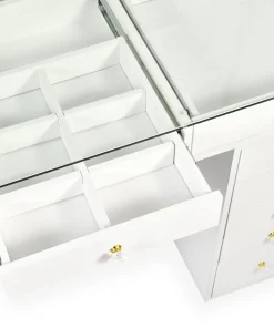 Coiffeuse moderne 13 tiroirs avec miroir lumineux et plateau en verre L120cm Probeauty Blanc