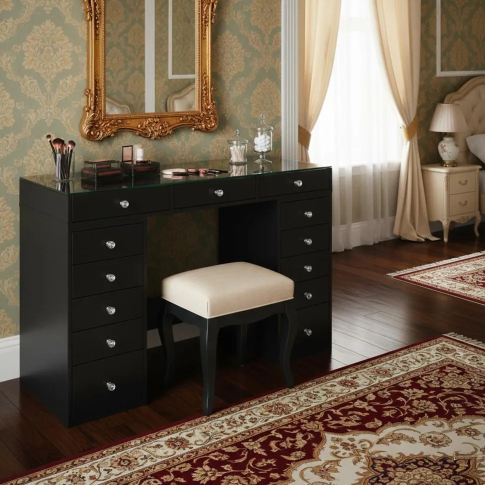 Coiffeuse moderne avec 13 tiroirs et plateau en verre transparent L120cm Probeauty Noir