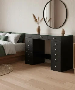Coiffeuse moderne avec 13 tiroirs et plateau en verre transparent L120cm Probeauty Noir