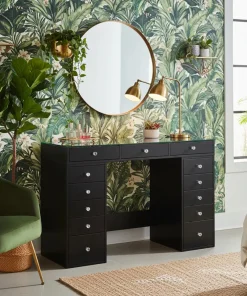 Coiffeuse moderne avec 13 tiroirs et plateau en verre transparent L120cm Probeauty Noir