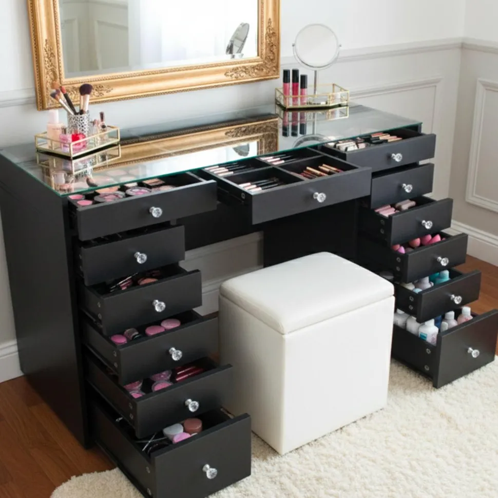 Coiffeuse moderne avec 13 tiroirs et plateau en verre transparent L120cm Probeauty Noir