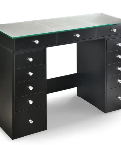 Coiffeuse moderne avec 13 tiroirs et plateau en verre transparent L120cm Probeauty Noir