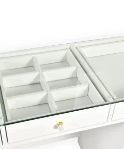 Coiffeuse moderne avec 13 tiroirs et plateau en verre transparent L120cm Probeauty Blanc