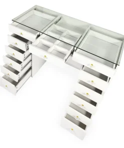 Coiffeuse moderne avec 13 tiroirs et plateau en verre transparent L120cm Probeauty Blanc