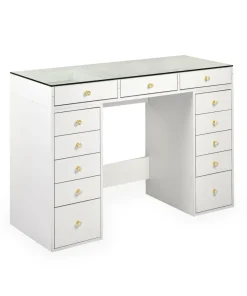 Coiffeuse moderne avec 13 tiroirs et plateau en verre transparent L120cm Probeauty Blanc