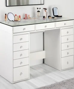 Coiffeuse moderne avec 13 tiroirs et plateau en verre transparent L120cm Probeauty Blanc