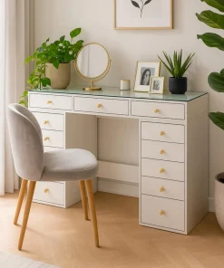 Coiffeuse moderne avec 13 tiroirs et plateau en verre transparent L120cm Probeauty Blanc
