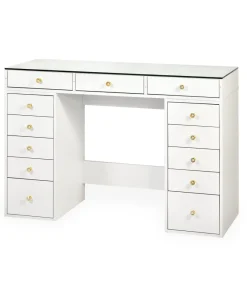Coiffeuse moderne avec 13 tiroirs et plateau en verre transparent L120cm Probeauty Blanc
