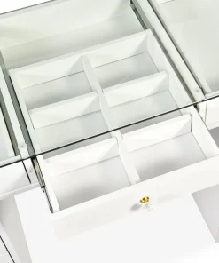 Coiffeuse moderne avec 13 tiroirs et plateau en verre transparent L120cm Probeauty Blanc