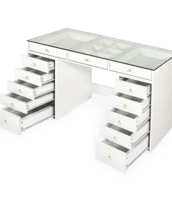 Coiffeuse moderne avec 13 tiroirs et plateau en verre transparent L120cm Probeauty Blanc