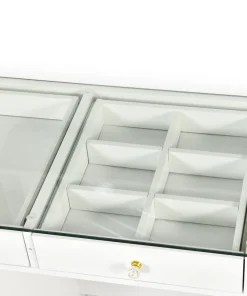 Coiffeuse moderne avec 13 tiroirs et plateau en verre transparent L120cm Probeauty Blanc