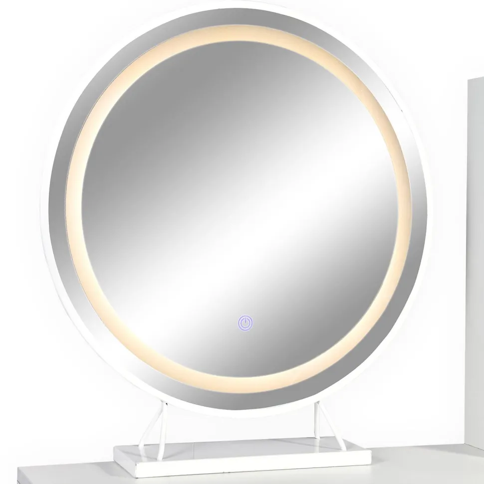 Coiffeuse moderne avec miroir rond lumineux Oracle L90cm Blanc et Or