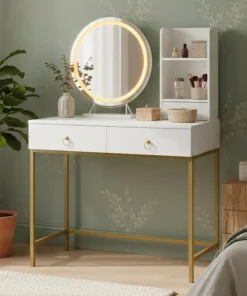 Coiffeuse moderne avec miroir rond lumineux Oracle L90cm Blanc et Or