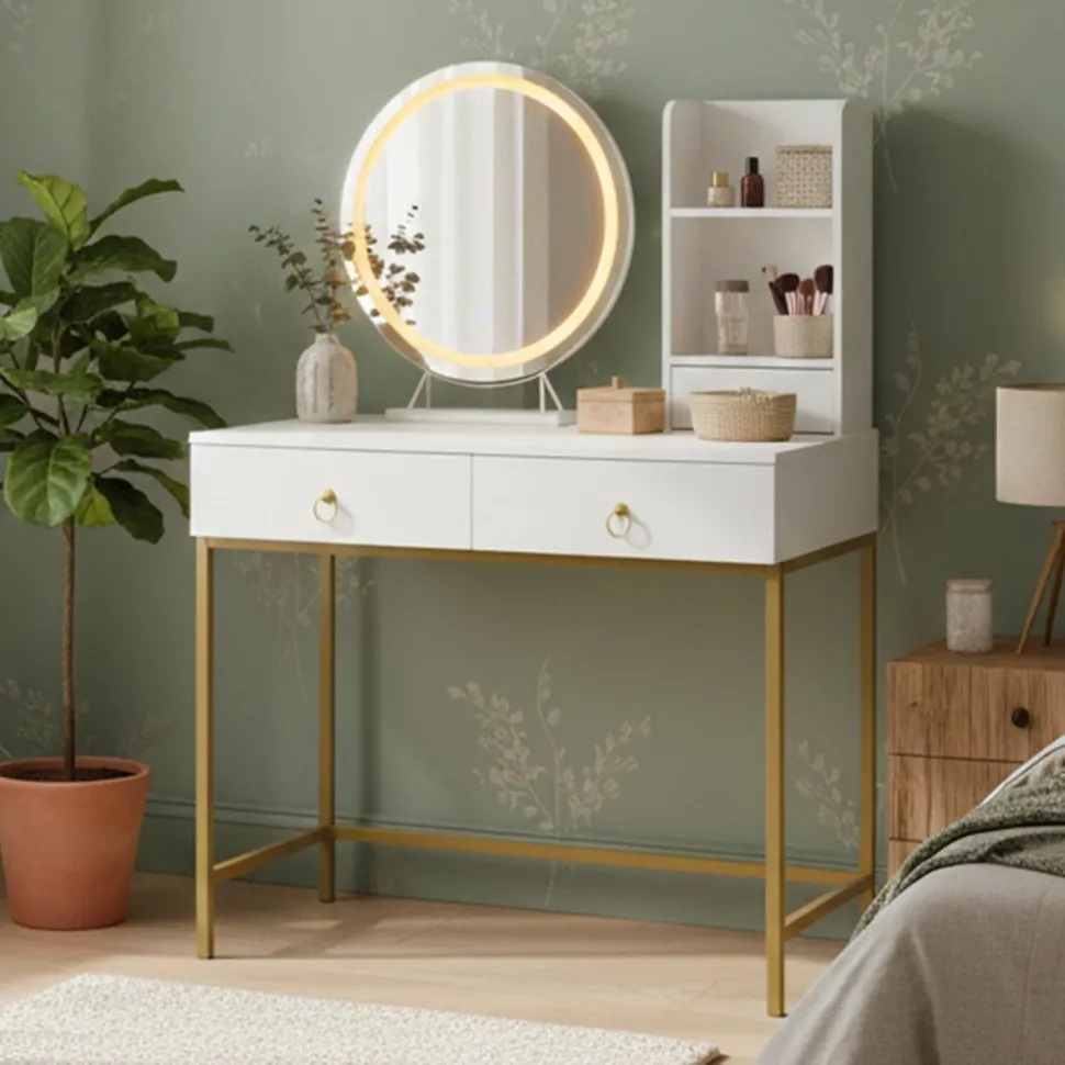 Coiffeuse moderne avec miroir rond lumineux Oracle L90cm Blanc et Or