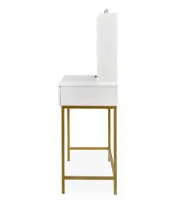Coiffeuse moderne avec miroir rond lumineux Oracle L90cm Blanc et Or