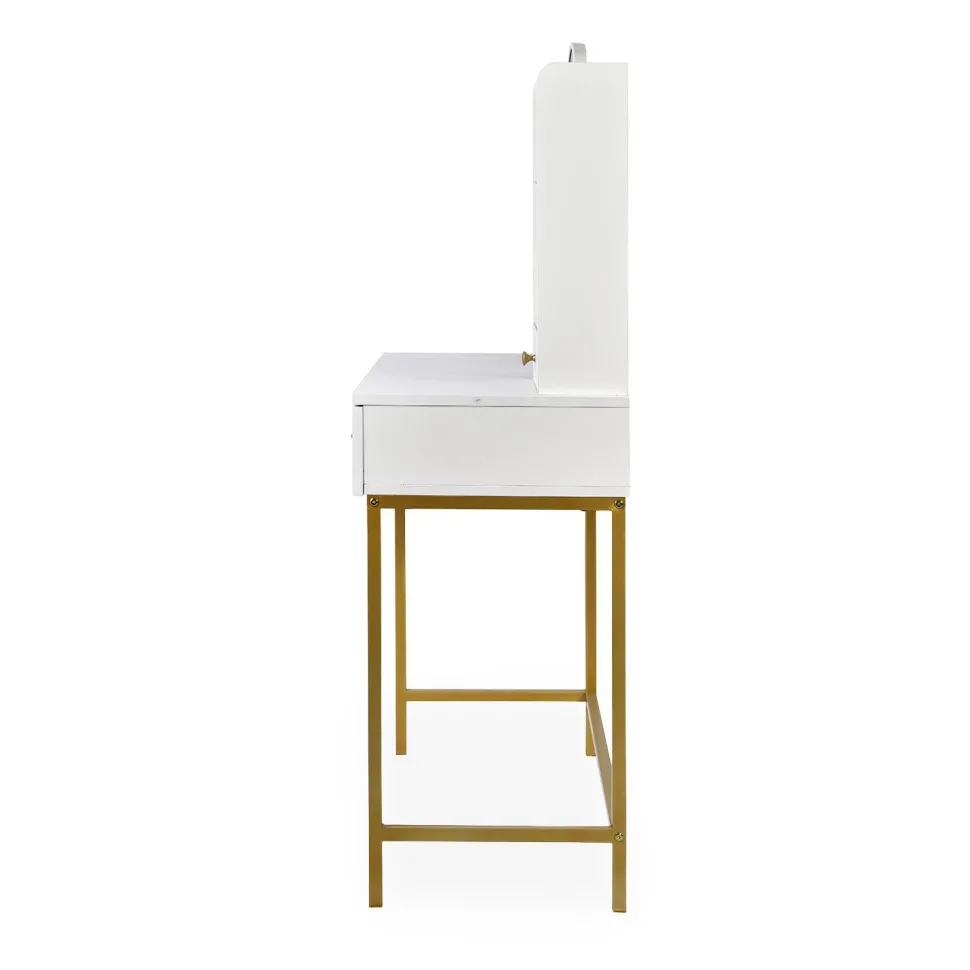 Coiffeuse moderne avec miroir rond lumineux Oracle L90cm Blanc et Or