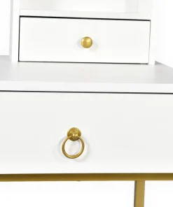 Coiffeuse moderne avec miroir rond lumineux Oracle L90cm Blanc et Or