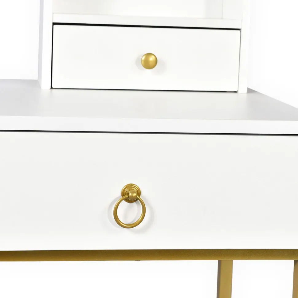 Coiffeuse moderne avec miroir rond lumineux Oracle L90cm Blanc et Or