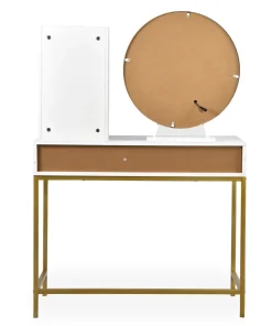 Coiffeuse moderne avec miroir rond lumineux Oracle L90cm Blanc et Or