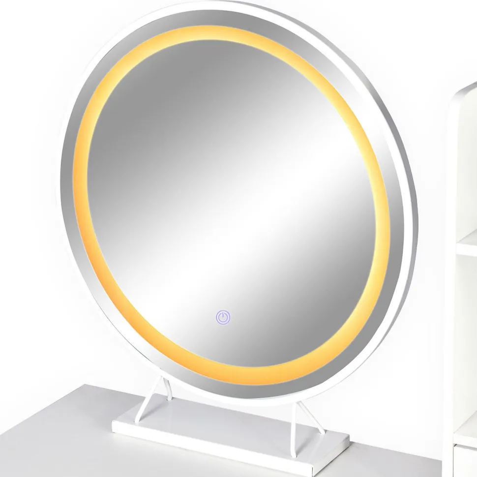 Coiffeuse moderne avec miroir rond lumineux Oracle L90cm Blanc et Or