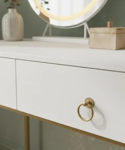 Coiffeuse moderne avec miroir rond lumineux Oracle L90cm Blanc et Or