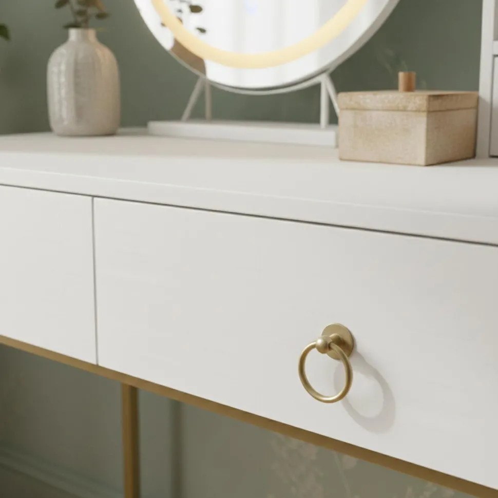 Coiffeuse moderne avec miroir rond lumineux Oracle L90cm Blanc et Or