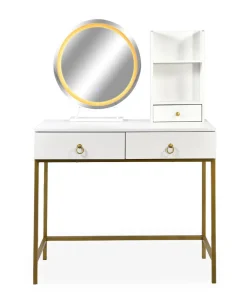 Coiffeuse moderne avec miroir rond lumineux Oracle L90cm Blanc et Or