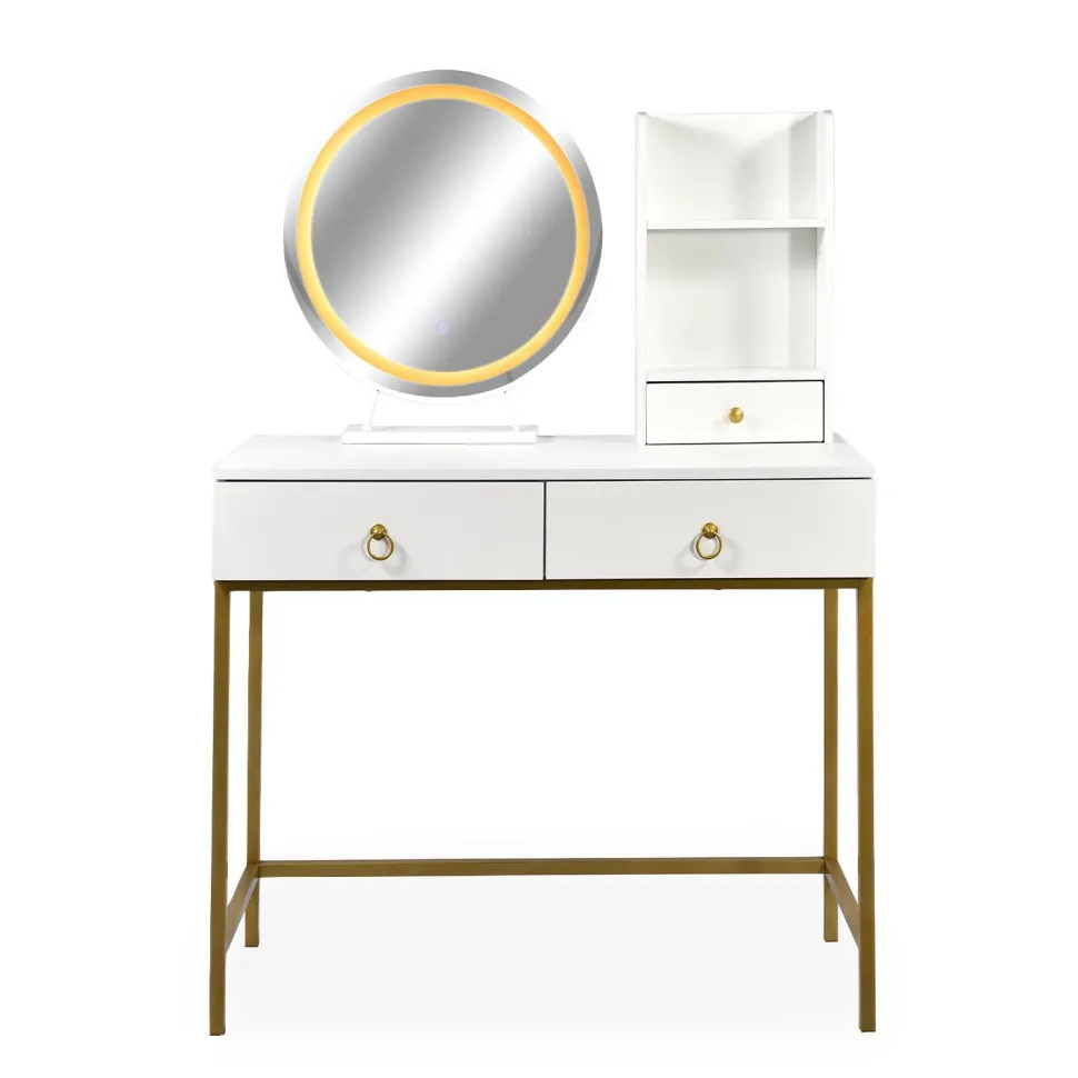 Coiffeuse moderne avec miroir rond lumineux Oracle L90cm Blanc et Or