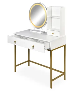 Coiffeuse moderne avec miroir rond lumineux Oracle L90cm Blanc et Or