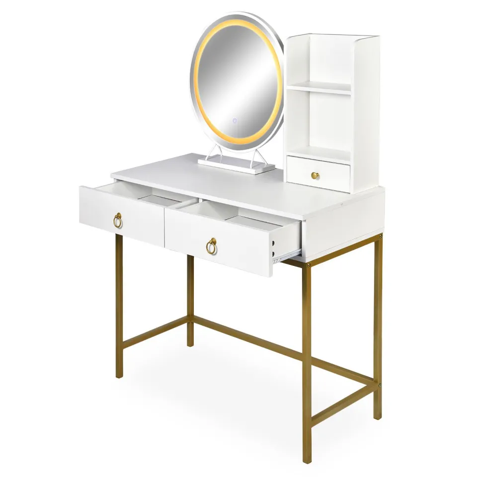 Coiffeuse moderne avec miroir rond lumineux Oracle L90cm Blanc et Or