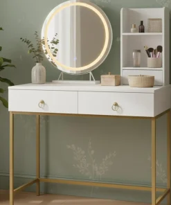 Coiffeuse moderne avec miroir rond lumineux Oracle L90cm Blanc et Or