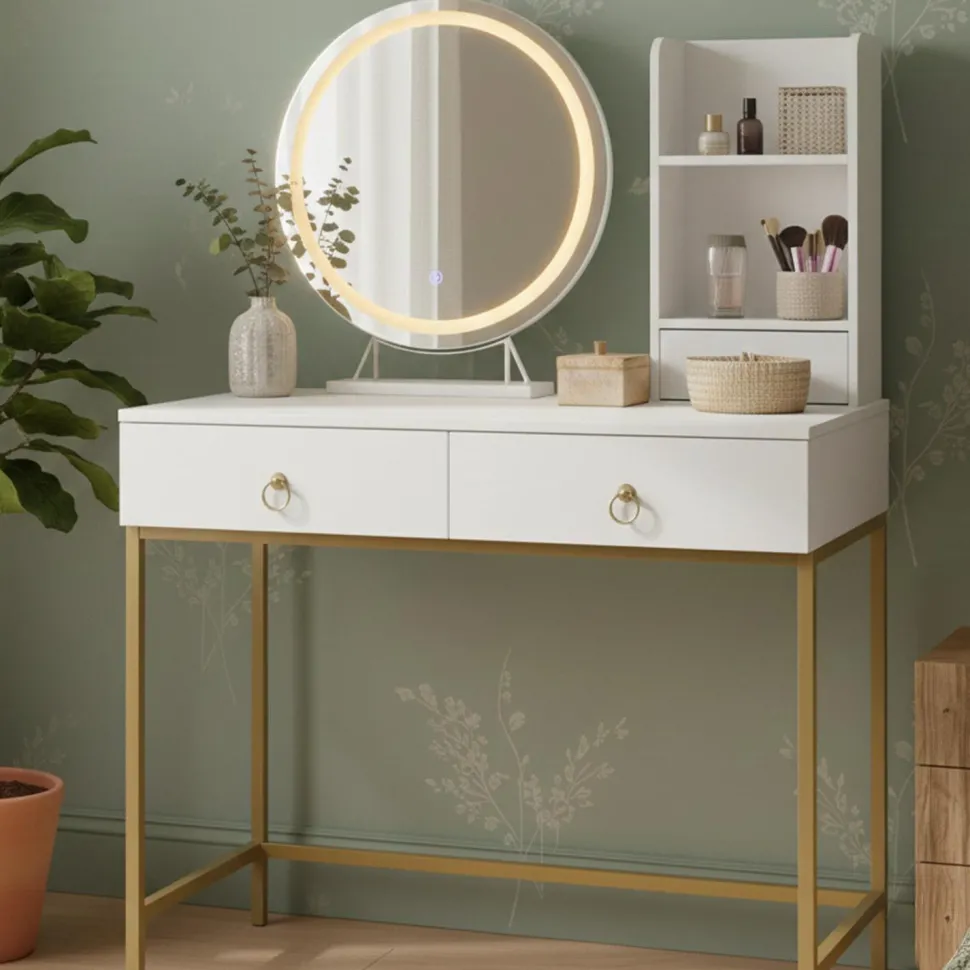 Coiffeuse moderne avec miroir rond lumineux Oracle L90cm Blanc et Or