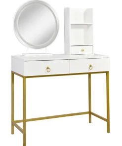 Coiffeuse moderne avec miroir rond lumineux Oracle L90cm Blanc et Or