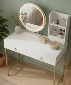 Coiffeuse moderne avec miroir rond lumineux Oracle L90cm Blanc et Or