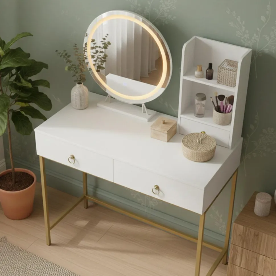 Coiffeuse moderne avec miroir rond lumineux Oracle L90cm Blanc et Or