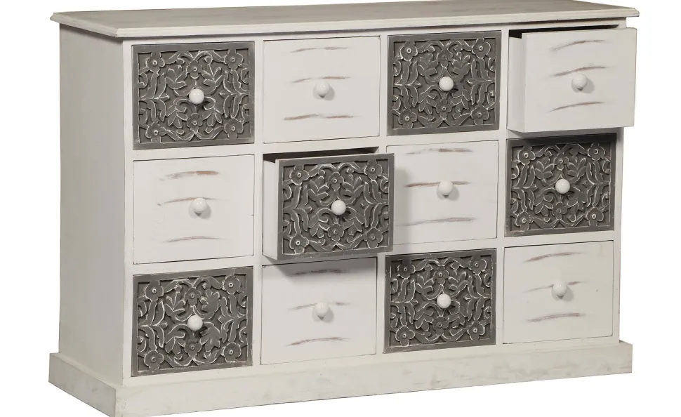 Commode 12 Tiroirs Changmay Bois Gris Et Blanc