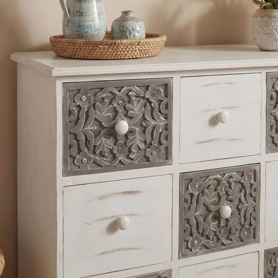 Commode 12 Tiroirs Changmay Bois Gris Et Blanc