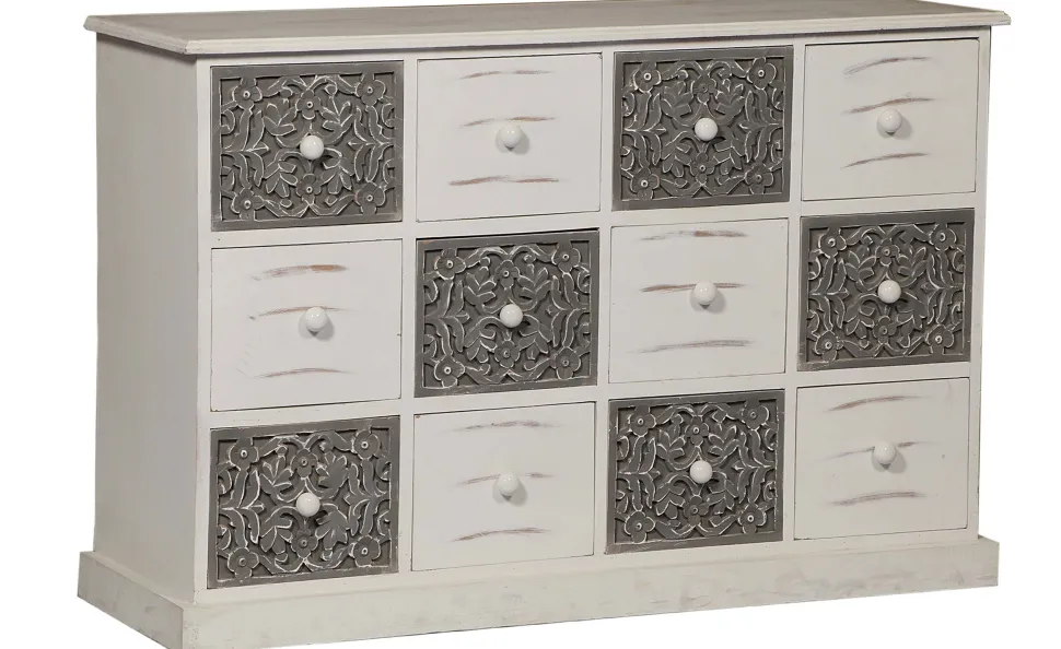 Commode 12 Tiroirs Changmay Bois Gris Et Blanc